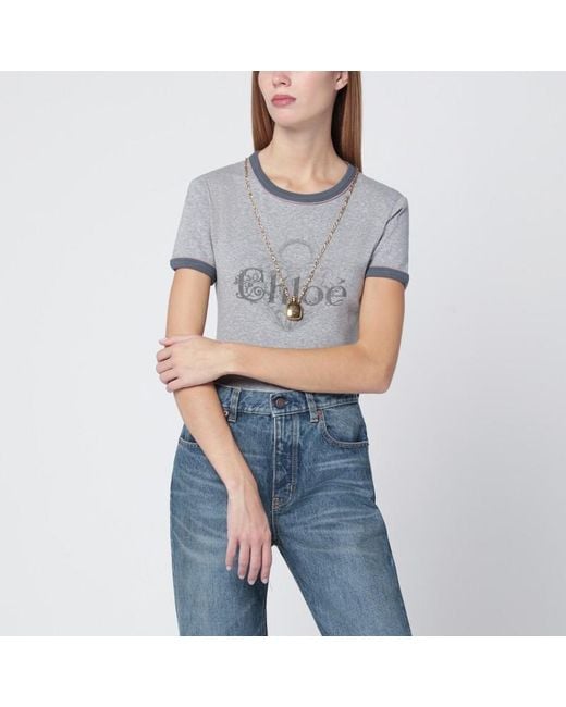 T-shirt baby fit in jersey chiné con stampa logo di Chloé in Gray