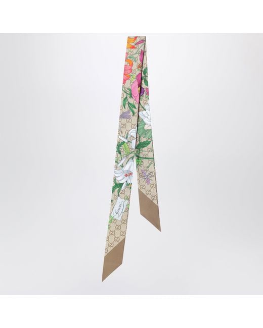 Gucci Green Silk Ribbon With Gg Flora Print