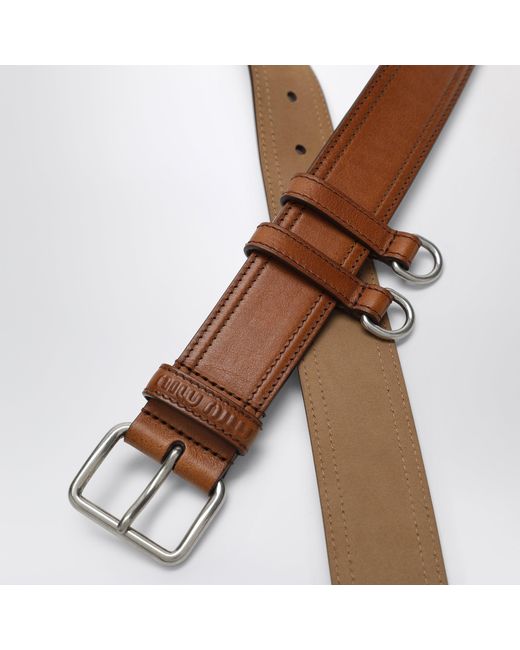 Miu Miu Brown Calfskin Belt With Contrast Stitching And Hooks, Cognac