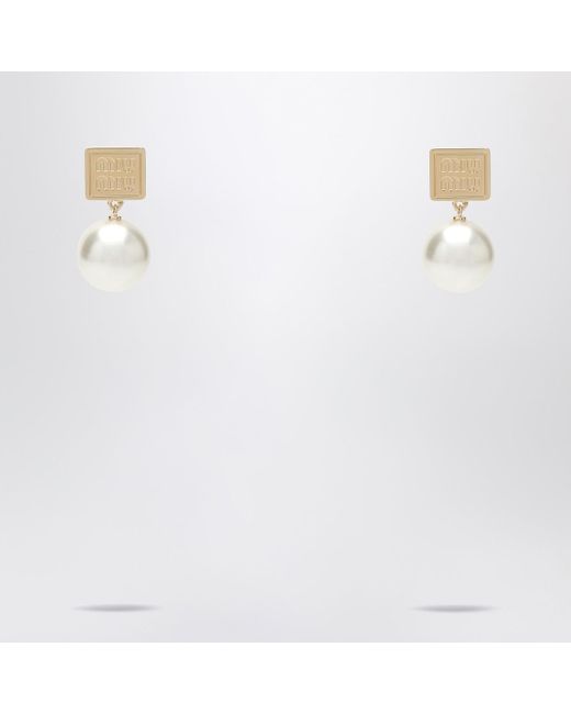 Miu Miu White Pearl-Embellished Logo Stud Earrings