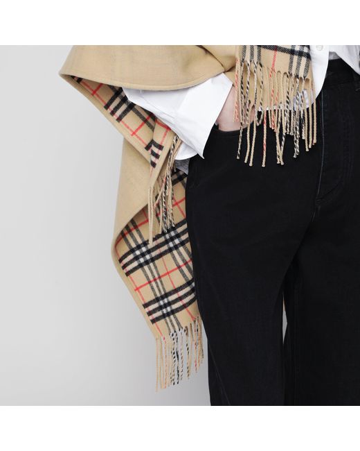 Burberry Natural Reversible Wool Check Cape With Fringes