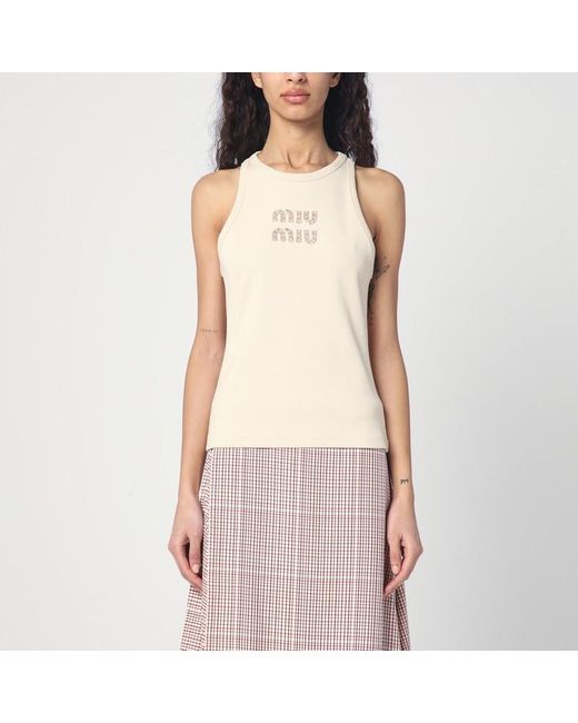 Miu Miu Pink Top Elfenbein Mit Gesticktem Logo