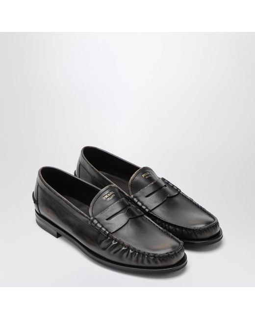 Prada Black Cognac Aged Leather Loafers for men
