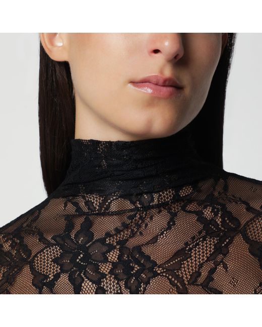 ANDAMANE Black Semi-Sheer Lace Turtleneck Bodysuit