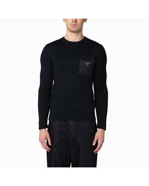 Prada Black Wool Sweater With Logo Pocket for men