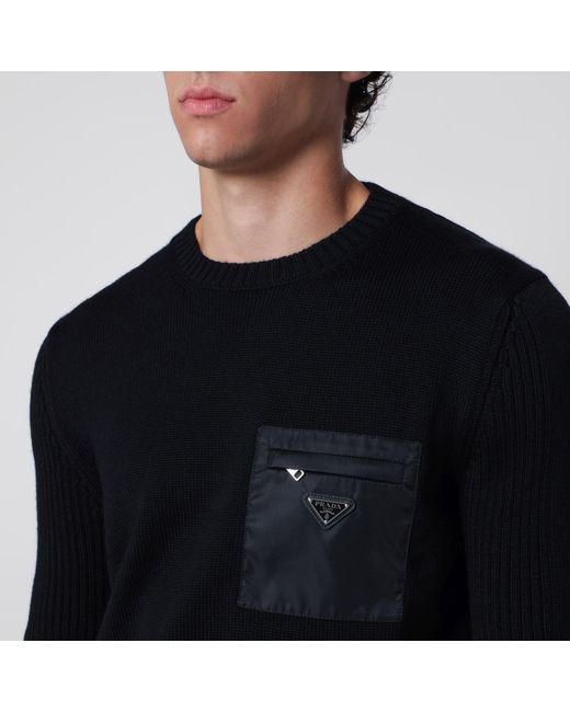 Prada Black Wool Sweater With Re-Nylon Pocket for men
