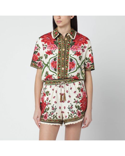 Farm Rio Red Linen-Blend Shirt With Floral Print