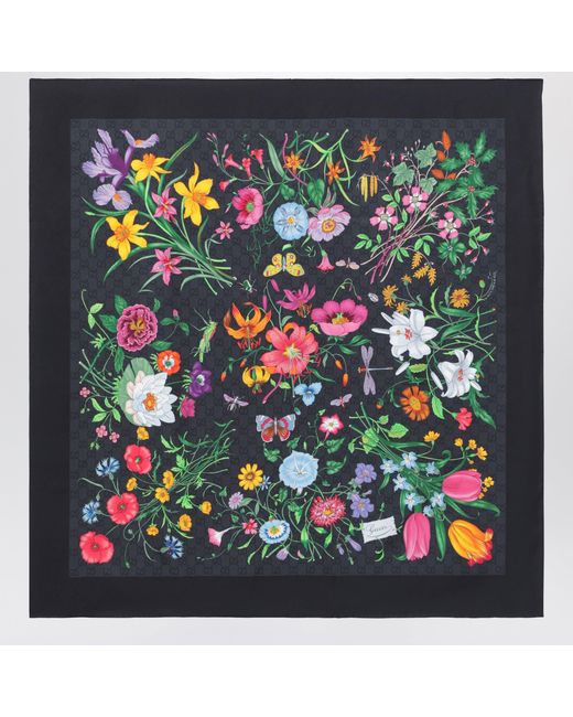 Gucci Black Silk Twill Carre With Gg Flora Print
