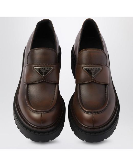 Prada Brown Chocolate Dark Brushed Leather Moccasin