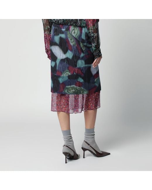 Dries Van Noten Blue Multicolored Silk-Blend Print Skirt