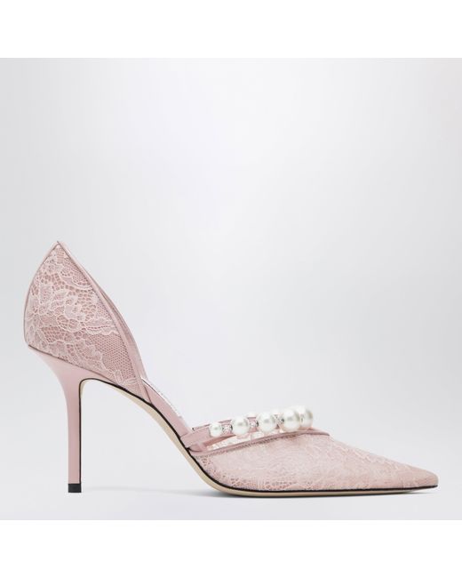 Jimmy Choo Pink Lace Decollete With Pearl Decoration
