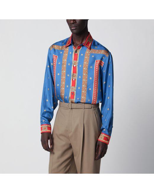 Versace Blue Regular Printed Silk Twill Shirt for men