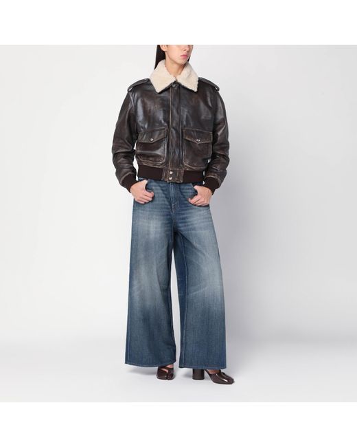 Halfboy Black Leather Bomber Jacket With Shearling Collar