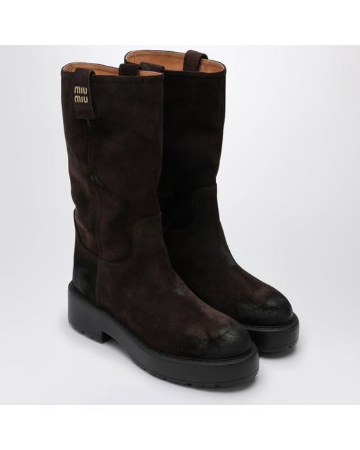 Miu Miu Black Dark Suede Leather Boot