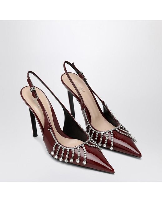 Escarpin En Cuir Verni Bordeaux Avec Chaîne En Cristal Gucci en coloris Brown