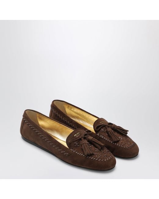 Prada Brown Suede Moccasin Cacao With Embroidery And Tassels