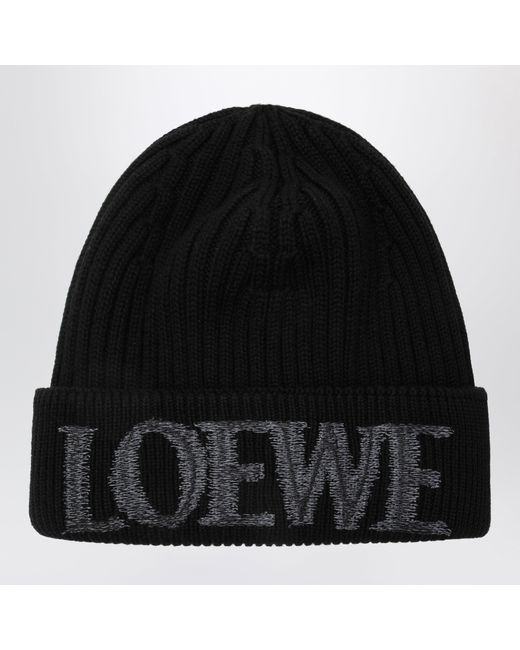 Loewe Black Wool Beanie With Logo Embroidery for men