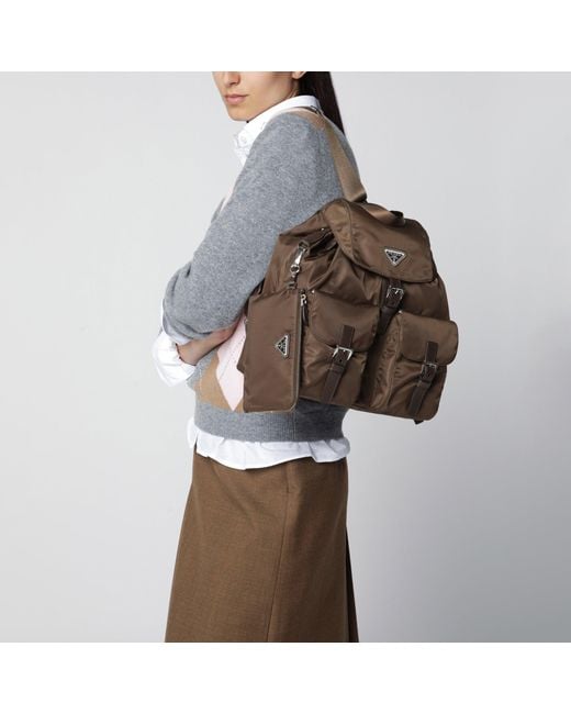 Prada Brown Re-Nylon And Saffiano Backpack With Pouch