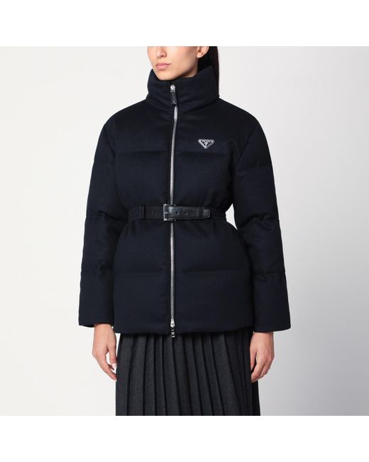 Prada Blue Down Jacket With Flannel Belt