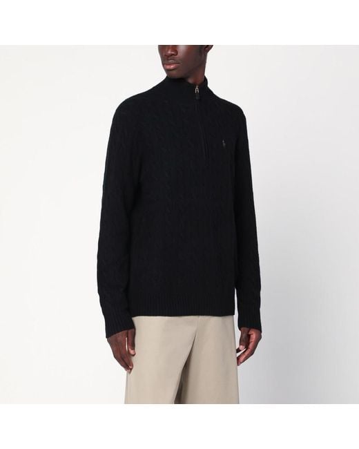 Maglione con zip nero in cotone a trecce regular-fit di Polo Ralph Lauren in Black da Uomo