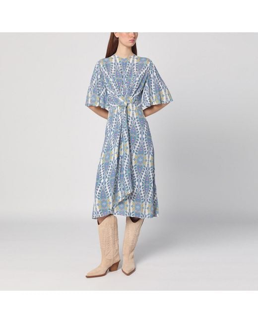 Etro Blue Flared Midi Dress With Multi-Colored Print