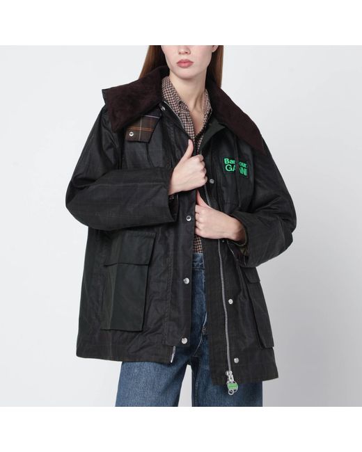BARBOUR X GANNI Black Waxed Duffle Coat With Tartan Details