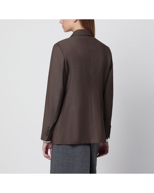 Max Mara Brown Leather Double-Breasted Wool Jacket
