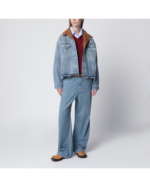 Miu Miu Blue Washed Denim Jacket With Suede Collar