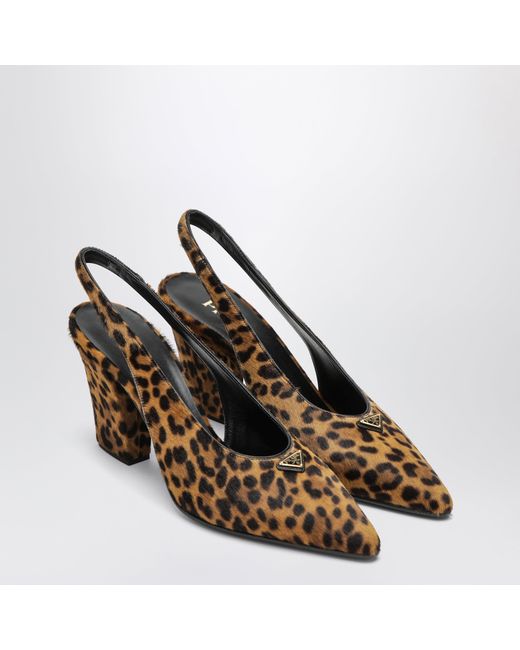 Prada Brown Leopard-Print Calf Hair Slingback Pumps