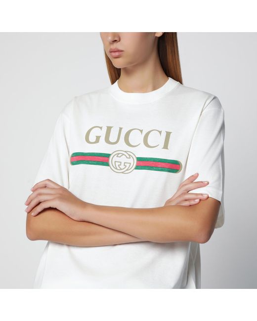 Gucci White Cotton And Silk Jersey T-Shirt With Logo Print