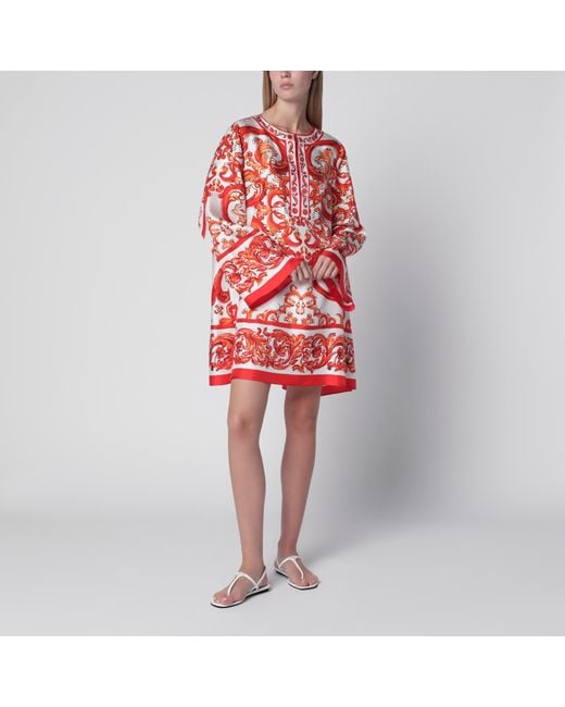 Dolce & Gabbana Red Maiolica-Print Silk Twill Kaftan Dress, Multicolour