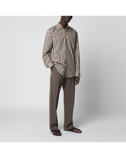 Dries Van Noten Brown Striped Cotton Shirt With Floral Print for men