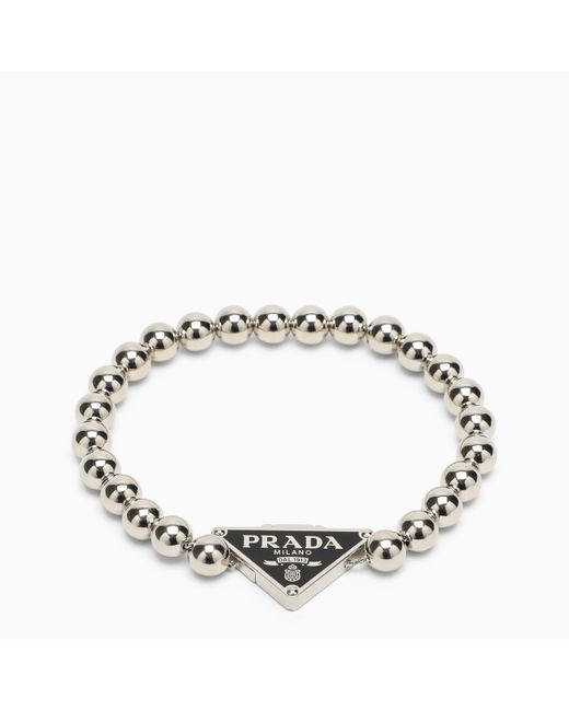 Prada Metallic 925 Silver Bracelet With Logo - Black for men