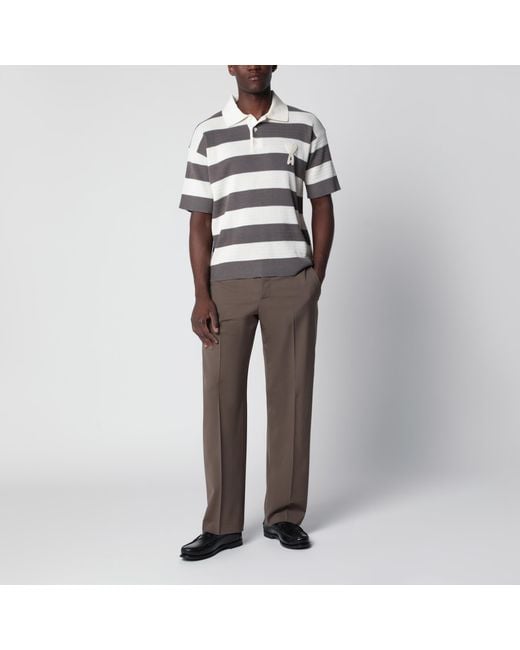 AMI Brown Ami De Coeur Striped Cotton Knit Polo Shirt for men