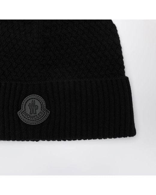 Moncler Black Wool Beanie With Logo Patch for men