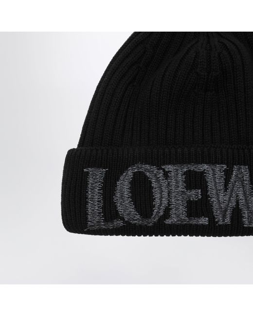 Loewe Black Wool Beanie With Logo Embroidery for men