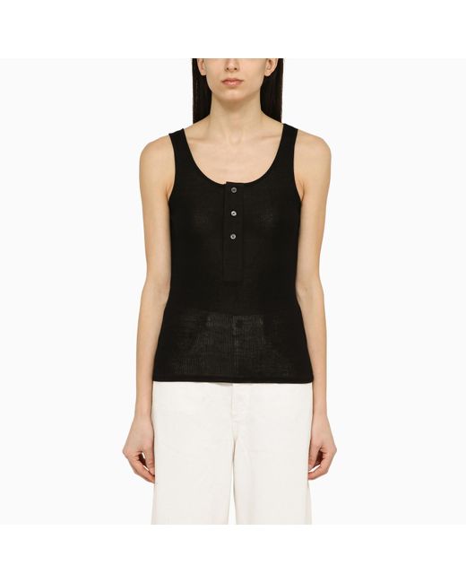 AMI Black Cotton Tank Top With Buttons