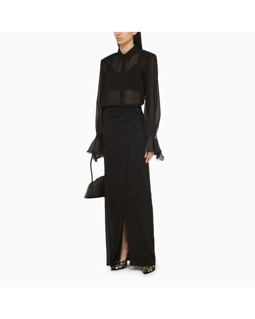 ANDAMANE Black Silk Long Skirt With Drape