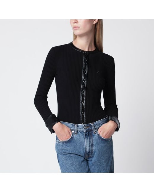 Courreges Black Ribbed Viscose-Blend Cardigan With Vinyl Trim