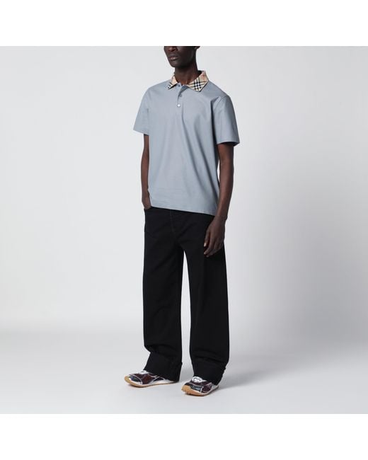 Burberry Blue Cotton Polo With Check Collar for men