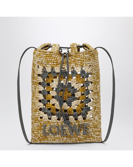 Loewe Metallic Pearl/Mustard Raffia And Leather Drawstring Pouch