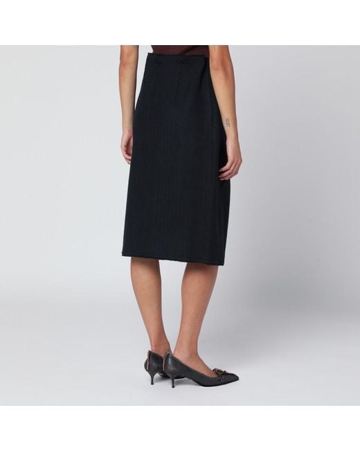 Prada Black Blauer Woll-Midirock Mit Fischgrätenmuster
