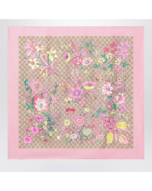 Gucci Pink Silk Twill Carre With Gg Print