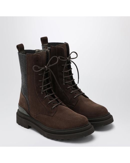 Brunello Cucinelli Brown Espresso Suede Boots With Virgin Wool Insert