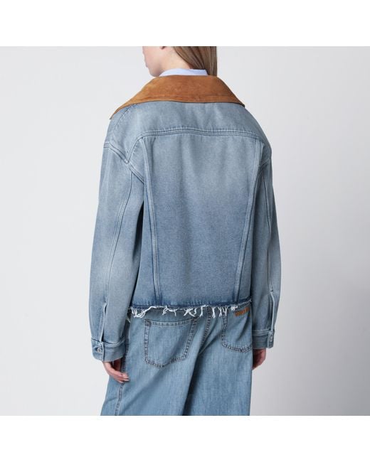 Miu Miu Blue Washed Denim Jacket With Suede Collar