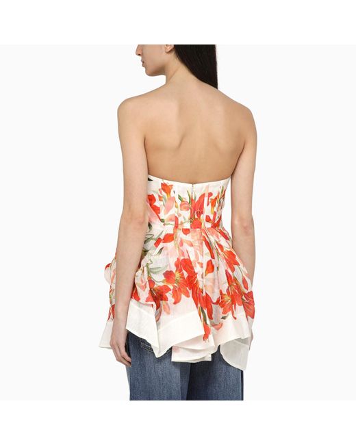 Zimmermann Red Tranquility Draped Bodice With Floral Print In Linen And Silk