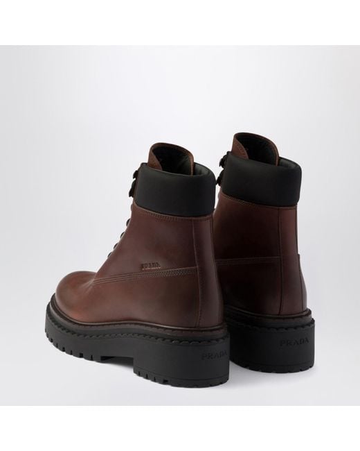 Prada Brown Ebony Coloured Leather And Re-nylon Boot