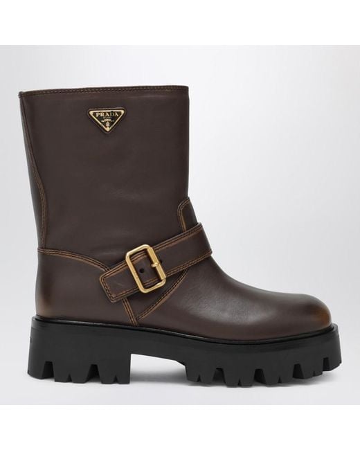 Prada Brown Cocoa-Colored Leather Ankle Boots