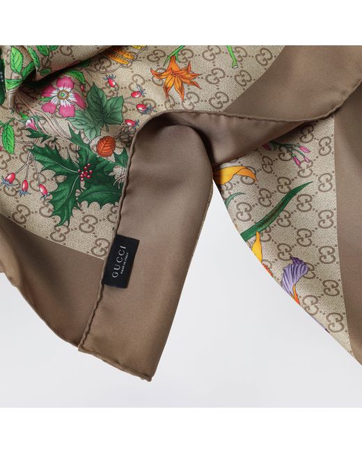 Gucci Green Silk Twill Carre With Gg Flora Print
