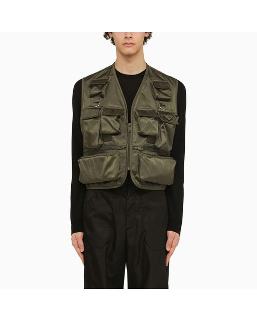 Prada Green Military Re-nylon Multi-pocket Waistcoat for men